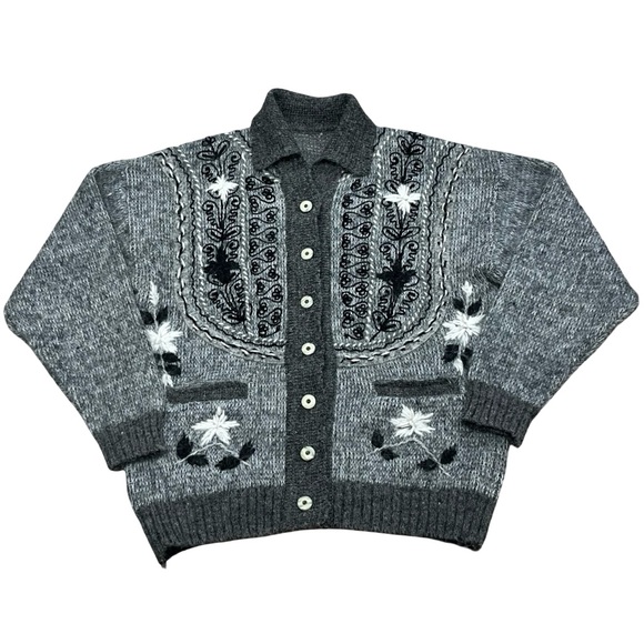 Vintage Wool Knit Cardigan Gray Embroidered Women's Jacket XL - Picture 2 of 6